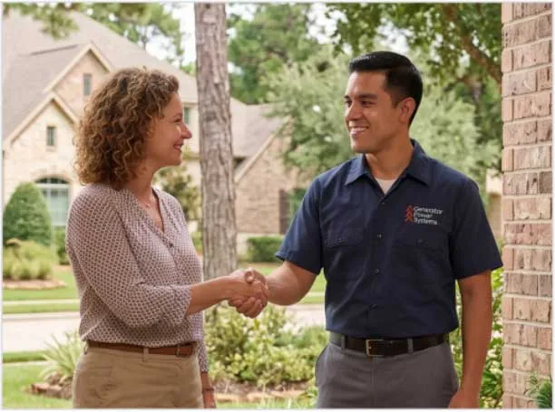 Generator Power Systems technician greeting a customer at her home